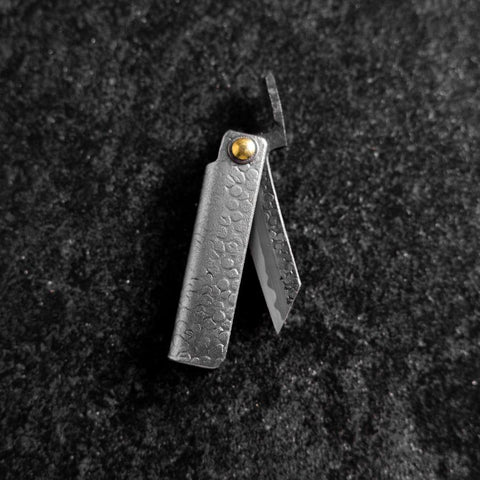 Pocket Knife White Steel #2 60mm Carbon Kurouchi Tsuchime Knifegata with Paulownia Wooden Box-[Musashi]-[Japanese-Kitchen-Knives]