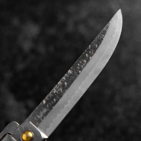 Pocket Knife White Steel #2 90mm Carbon Tsuchime Kengata with Paulownia Wooden Box (3.5”)-[Musashi]-[Japanese-Kitchen-Knives]