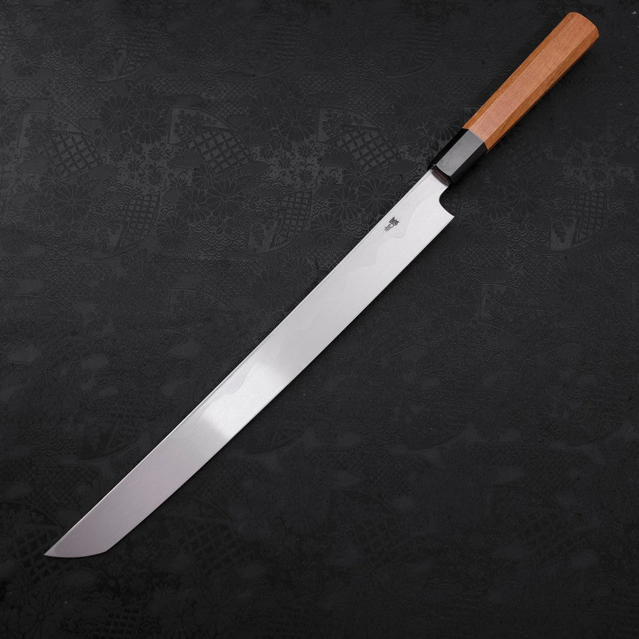 堺味正作 本霞青ニ 先丸 蛸引 包丁 360mm 水牛柄 先丸蛸引 青紙2号 黒打 水牛ウェンジ柄 300mm – MUSASHI