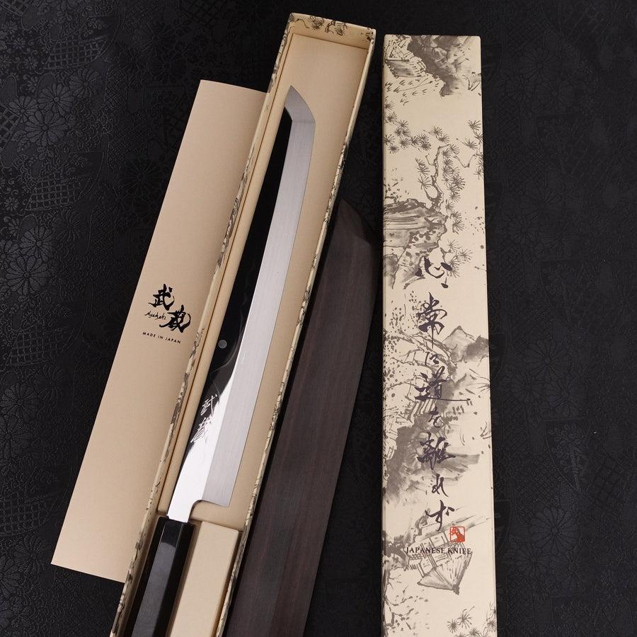 希少　特別仕様鍛流線浮かし　重房　霞　切付蛸引　尺 先丸蛸引 白二水本焼 月富士 鏡面 黒檀水牛柄 270mm – MUSASHI