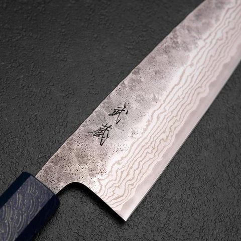 Santoku 440C Nashiji Damascus Blue Urushi Handle 165mm-[Musashi]-[Japanese-Kitchen-Knives]