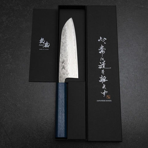 Santoku 440C Nashiji Damascus Blue Urushi Handle 165mm-[Musashi]-[Japanese-Kitchen-Knives]