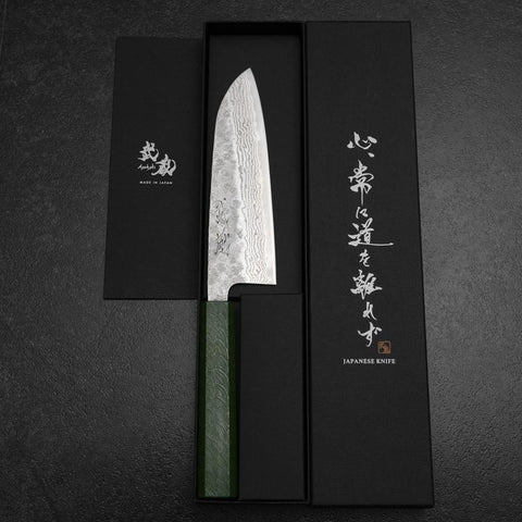 Santoku 440C Nashiji Damascus Green Urushi Handle 165mm (6.5”)-[Musashi]-[Japanese-Kitchen-Knives]