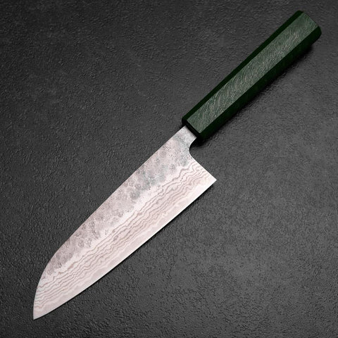Santoku 440C Nashiji Damascus Green Urushi Handle 165mm-[Musashi]-[Japanese-Kitchen-Knives]