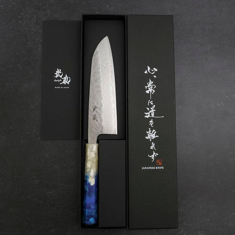 Santoku 440C Nashiji Damascus Ocean White Blue Handle 165mm (6.5”)-[Musashi]-[Japanese-Kitchen-Knives]