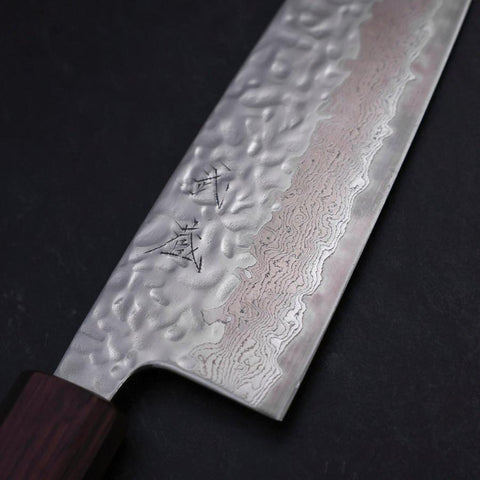 Santoku AUS-10 Mirror Tsuchime Damascus Purple Urushi Handle 165mm (6.5”)-[Musashi]-[Japanese-Kitchen-Knives]