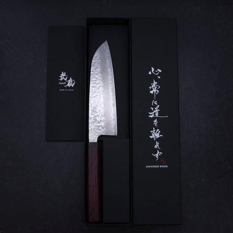 Santoku AUS-10 Mirror Tsuchime Damascus Purple Urushi Handle 165mm (6.5”)-[Musashi]-[Japanese-Kitchen-Knives]