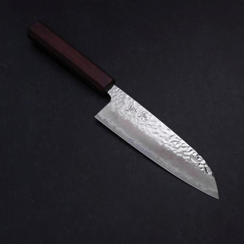 Santoku AUS-10 Mirror Tsuchime Damascus Purple Urushi Handle 165mm (6.5”)-[Musashi]-[Japanese-Kitchen-Knives]
