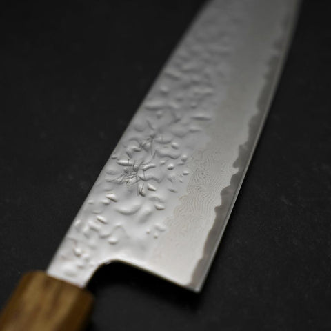 Santoku AUS-10 Mirror Tsuchime Damascus Yaki Urushi Handle 165mm (6.5”)-[Musashi]-[Japanese-Kitchen-Knives]