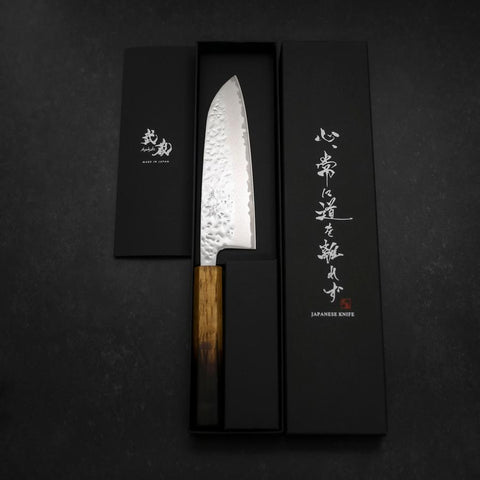 Santoku AUS-10 Mirror Tsuchime Damascus Yaki Urushi Handle 165mm (6.5”)-[Musashi]-[Japanese-Kitchen-Knives]
