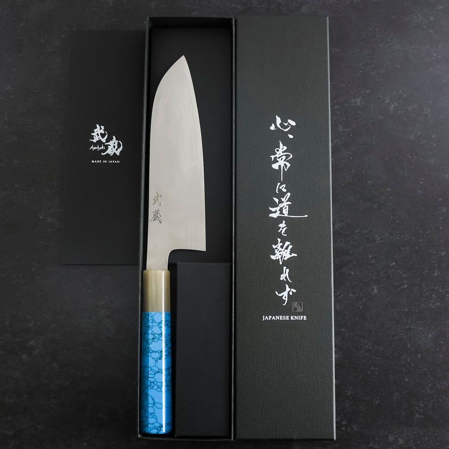 三徳 AUS-10 ニッケルダマスカス 水牛ターコイズ柄 170mm – MUSASHI