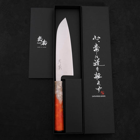 Santoku AUS-10 Polished Ocean Orange & White Handle 165mm-[Musashi]-[Japanese-Kitchen-Knives]