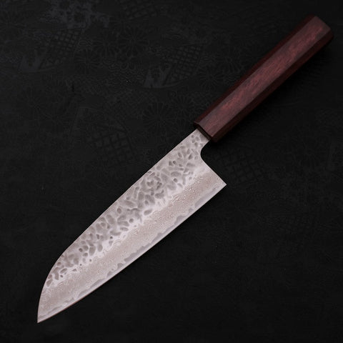 Santoku AUS-10 Tsuchime Damascus Purple Urushi Handle 165mm (6.5”)-[Musashi]-[Japanese-Kitchen-Knives]