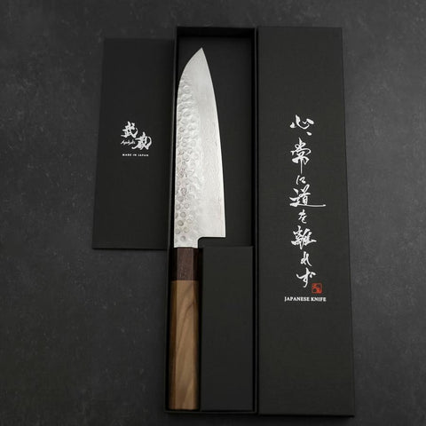 Santoku AUS-10 Tsuchime Damascus Shitan Walnut Handle 180mm (7”)-[Musashi]-[Japanese-Kitchen-Knives]