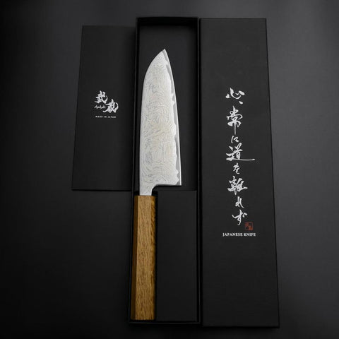 Santoku AUS-10 Wave Nickel Damascus Oak Handle 165mm-[Musashi]-[Japanese-Kitchen-Knives]