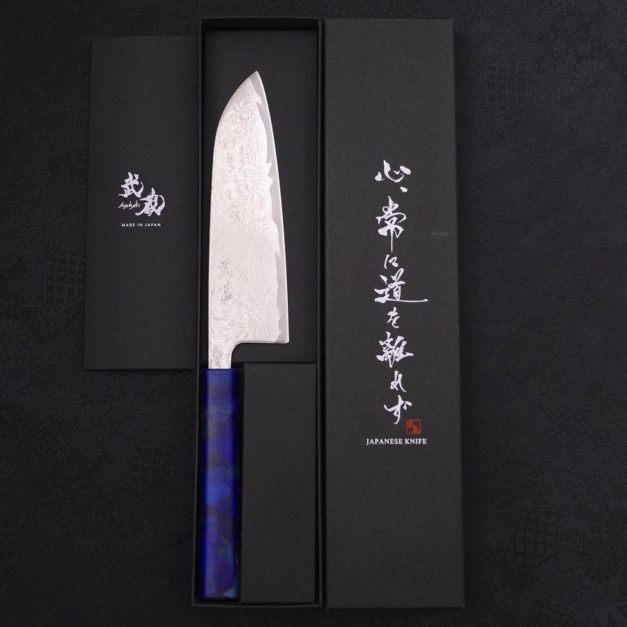 Santoku AUS-10 Wave Nickel Damascus Ocean Blue Handle 165mm-AUS-10-Damascus-Japanese Handle-[Musashi]-[Japanese-Kitchen-Knives]