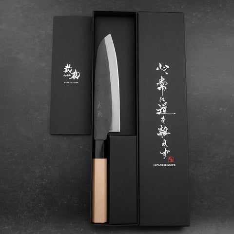 Santoku Blue Steel #1 Stainless Clad Kurouchi Buffalo Magnolia Handle 165mm (6.5”)-[Musashi]-[Japanese-Kitchen-Knives]