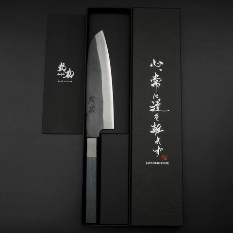 Santoku Blue Steel #1 Stainless Clad Kurouchi Dark Blue Urushi Handle 170mm (6.7”)-[Musashi]-[Japanese-Kitchen-Knives]