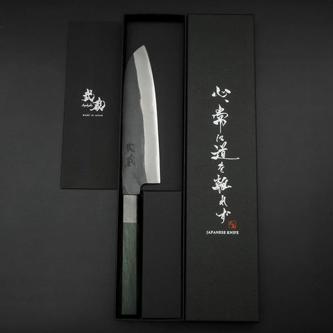 Santoku Blue Steel #1 Stainless Clad Kurouchi Green Urushi Handle 170mm-[Musashi]-[Japanese-Kitchen-Knives]