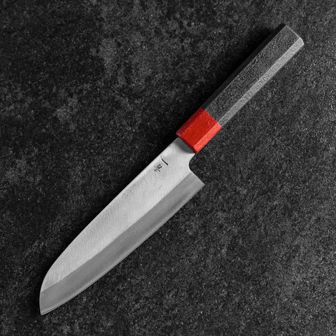 Santoku Blue Steel #1 Stainless Clad Kurouchi Red and Black Urushi Handle 165mm (6.5”)-[Musashi]-[Japanese-Kitchen-Knives]
