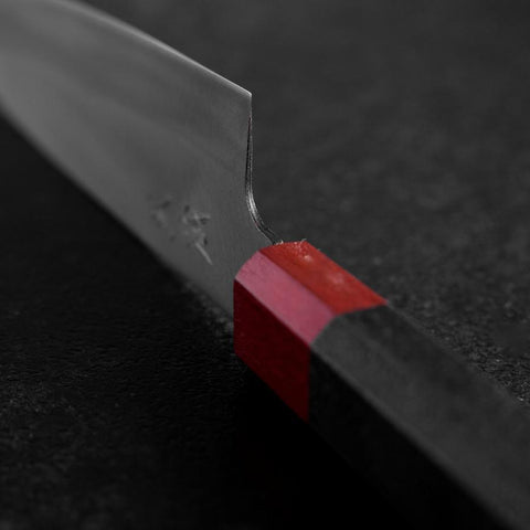 Santoku Blue Steel #1 Stainless Clad Kurouchi Red and Black Urushi Handle 165mm (6.5”)-[Musashi]-[Japanese-Kitchen-Knives]