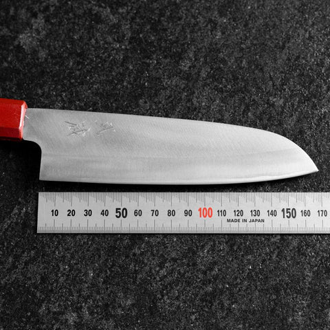 Santoku Blue Steel #1 Stainless Clad Kurouchi Red and Black Urushi Handle 165mm (6.5”)-[Musashi]-[Japanese-Kitchen-Knives]
