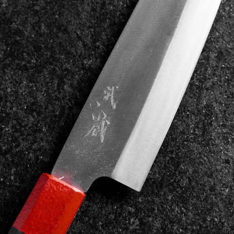 Santoku Blue Steel #1 Stainless Clad Kurouchi Red and Black Urushi Handle 165mm-[Musashi]-[Japanese-Kitchen-Knives]