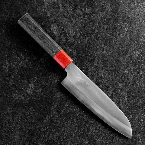 Santoku Blue Steel #1 Stainless Clad Kurouchi Red and Black Urushi Handle 165mm-[Musashi]-[Japanese-Kitchen-Knives]