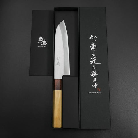 Santoku Blue Steel #1 Stainless Clad Polished Zelkova Handle 165mm (6.5”)-[Musashi]-[Japanese-Kitchen-Knives]