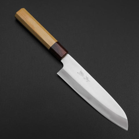 Santoku Blue Steel #1 Stainless Clad Polished Zelkova Handle 165mm (6.5”)-[Musashi]-[Japanese-Kitchen-Knives]