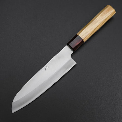 Santoku Blue Steel #1 Stainless Clad Polished Zelkova Handle 165mm-[Musashi]-[Japanese-Kitchen-Knives]
