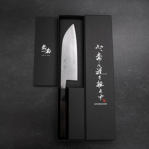 Santoku Blue Steel #2 Damascus Buffalo Ebony Handle 165mm (6.5”)-[Musashi]-[Japanese-Kitchen-Knives]