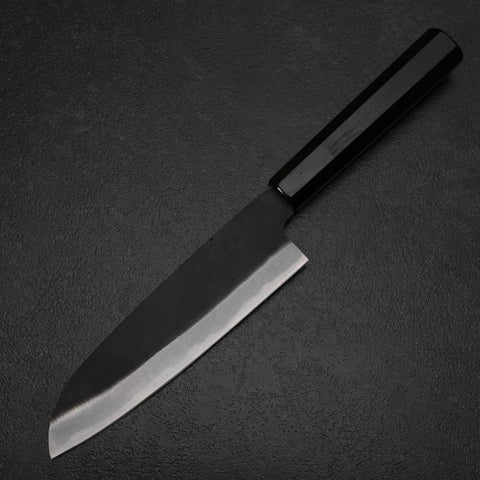 Santoku Blue Steel #2 Kurouchi Chokin Cheetah Buffalo Ebony Handle 165mm (6.5”)-[Musashi]-[Japanese-Kitchen-Knives]