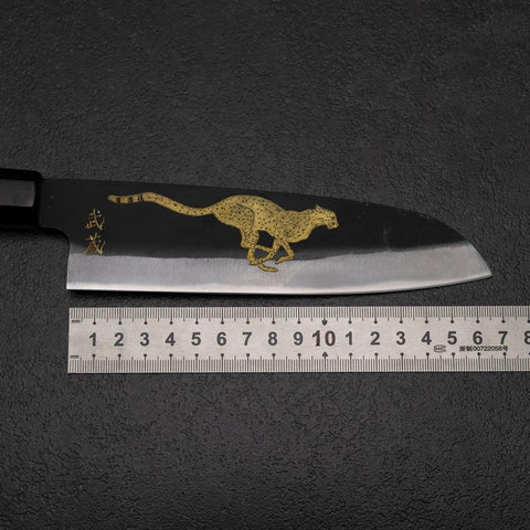 Santoku Blue Steel #2 Kurouchi Chokin Cheetah Buffalo Ebony Handle 165mm (6.5”)-[Musashi]-[Japanese-Kitchen-Knives]