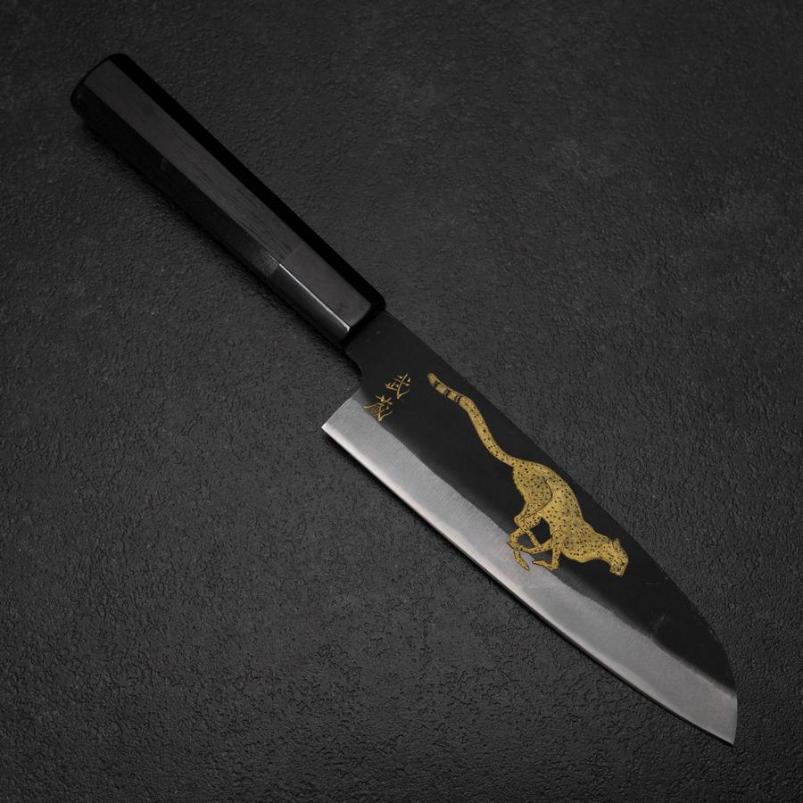 さとっぺ Santoku Blue Steel #2 Kurouchi Chokin Cheetah Buffalo Ebony Handle