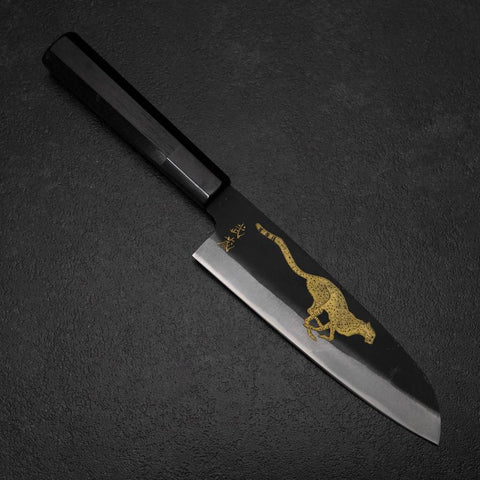 Santoku Blue Steel #2 Kurouchi Chokin Cheetah Buffalo Ebony Handle 165mm (6.5”)-[Musashi]-[Japanese-Kitchen-Knives]