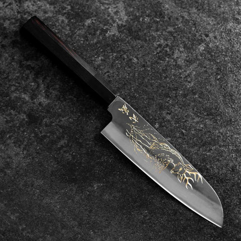 Santoku Blue Steel #2 Kurouchi Chokin Deer Buffalo Ebony Handle 165mm (6.5")-[Musashi]-[Japanese-Kitchen-Knives]
