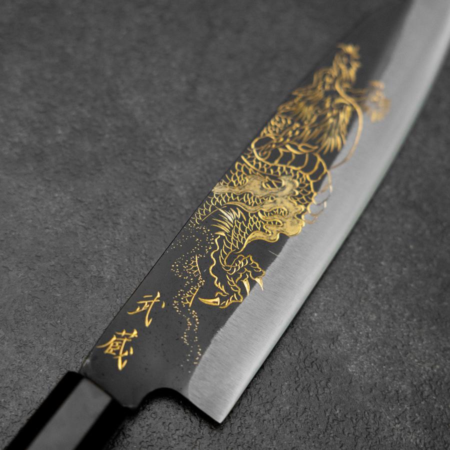 Santoku Blue Steel #2 Kurouchi Chokin Dragon Buffalo Ebony Handle