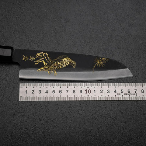 Santoku Blue Steel #2 Kurouchi Chokin Eagle Pine Buffalo Ebony Handle 165mm (6.5”)-[Musashi]-[Japanese-Kitchen-Knives]