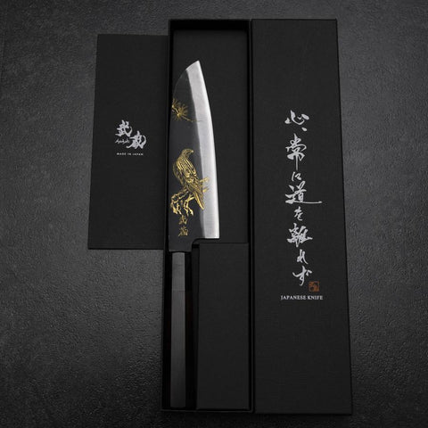 Santoku Blue Steel #2 Kurouchi Chokin Eagle Pine Buffalo Ebony Handle 165mm (6.5”)-[Musashi]-[Japanese-Kitchen-Knives]
