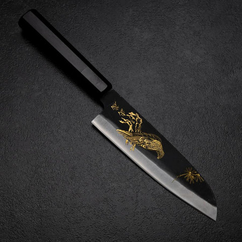 Santoku Blue Steel #2 Kurouchi Chokin Eagle Pine Buffalo Ebony Handle 165mm (6.5”)-[Musashi]-[Japanese-Kitchen-Knives]