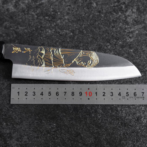 Santoku Blue Steel #2 Kurouchi Chokin Great Buddha Buffalo Ebony Handle 165mm (6.5")-[Musashi]-[Japanese-Kitchen-Knives]