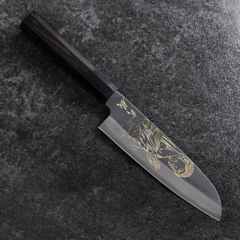 Santoku Blue Steel #2 Kurouchi Chokin Great Buddha Buffalo Ebony Handle 165mm (6.5")-[Musashi]-[Japanese-Kitchen-Knives]