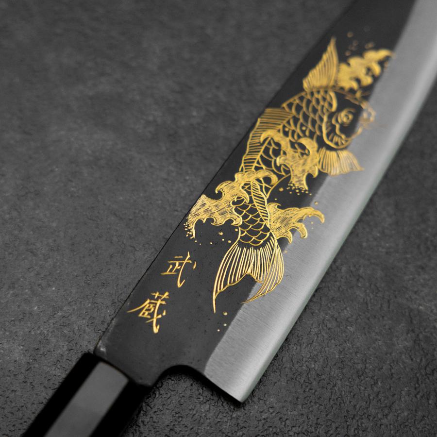 Santoku Blue Steel #2 Kurouchi Chokin Koi Buffalo Ebony Handle