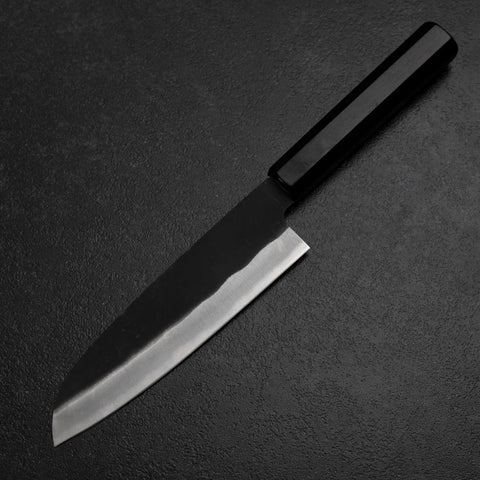 Santoku Blue Steel #2 Kurouchi Chokin Pagoda Sakura Buffalo Ebony Handle 165mm (6.5”)-[Musashi]-[Japanese-Kitchen-Knives]