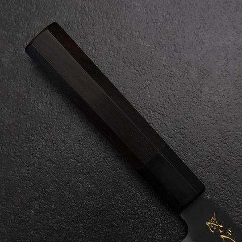 Santoku Blue Steel #2 Kurouchi Chokin Pagoda Sakura Buffalo Ebony Handle 165mm (6.5”)-[Musashi]-[Japanese-Kitchen-Knives]
