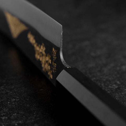 Santoku Blue Steel #2 Kurouchi Chokin Sakura-Fuji Buffalo Ebony Handle 165mm-[Musashi]-[Japanese-Kitchen-Knives]