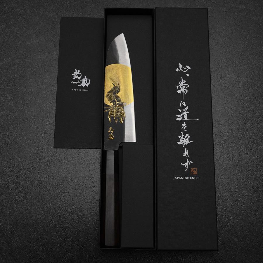 ごごち　刃牙、サムライ Santoku Blue Steel #2 Kurouchi Chokin Samurai Full Moon Buffalo