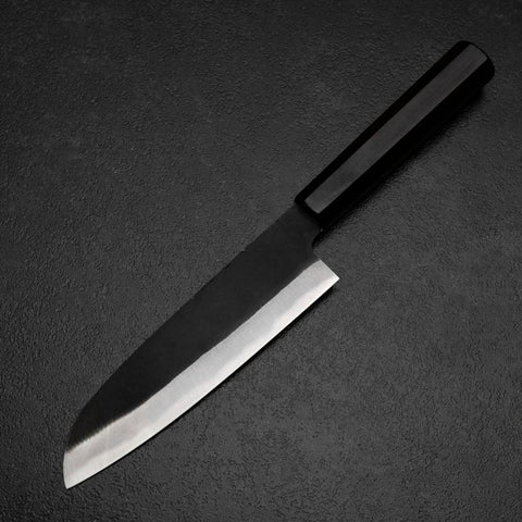Santoku Blue Steel #2 Kurouchi Chokin Samurai Full Moon Buffalo Ebony Handle 165mm-[Musashi]-[Japanese-Kitchen-Knives]