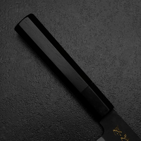 Santoku Blue Steel #2 Kurouchi Chokin Samurai New Moon Buffalo Ebony Handle 165mm (6.5”)-[Musashi]-[Japanese-Kitchen-Knives]
